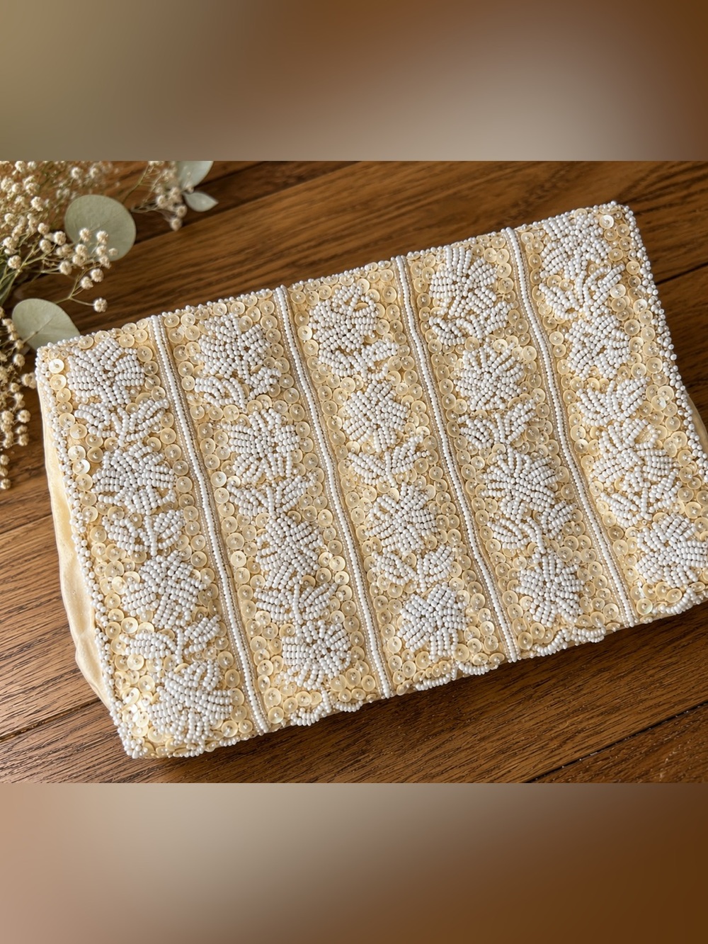 Vintage Ivory Beaded Clutch Evening Bag Bridal Floral Sequin Purse